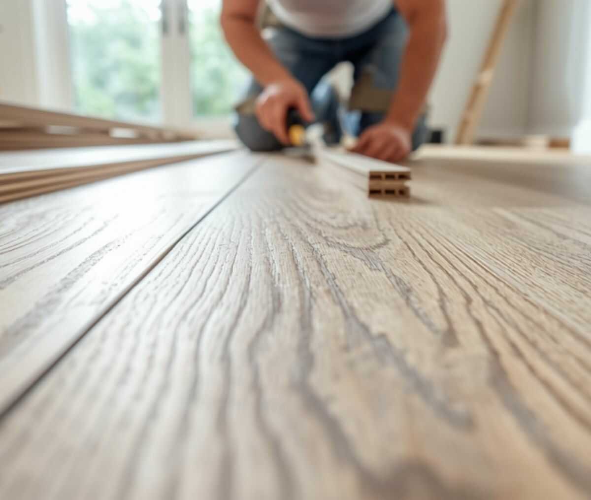 Parketzetter schuurt een houten vloer voor de afwerklaag