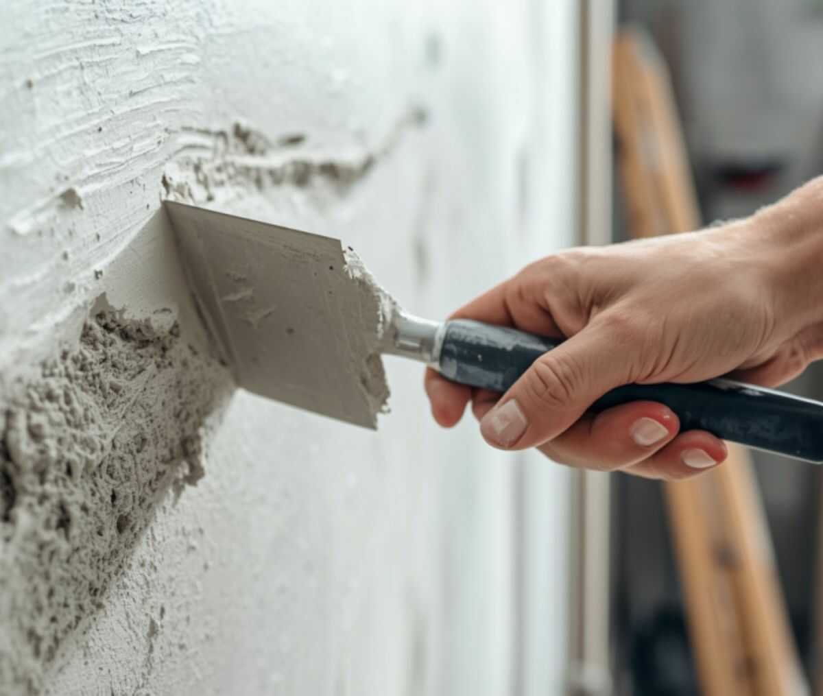 Stukadoor controleert de vlakheid van een afgewerkte wand