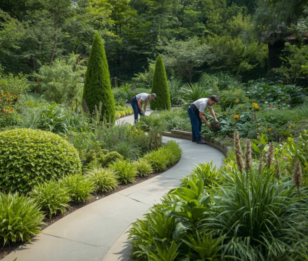 Tuinaannemer tijdens een werfcontrole bij de aanleg van een tuin