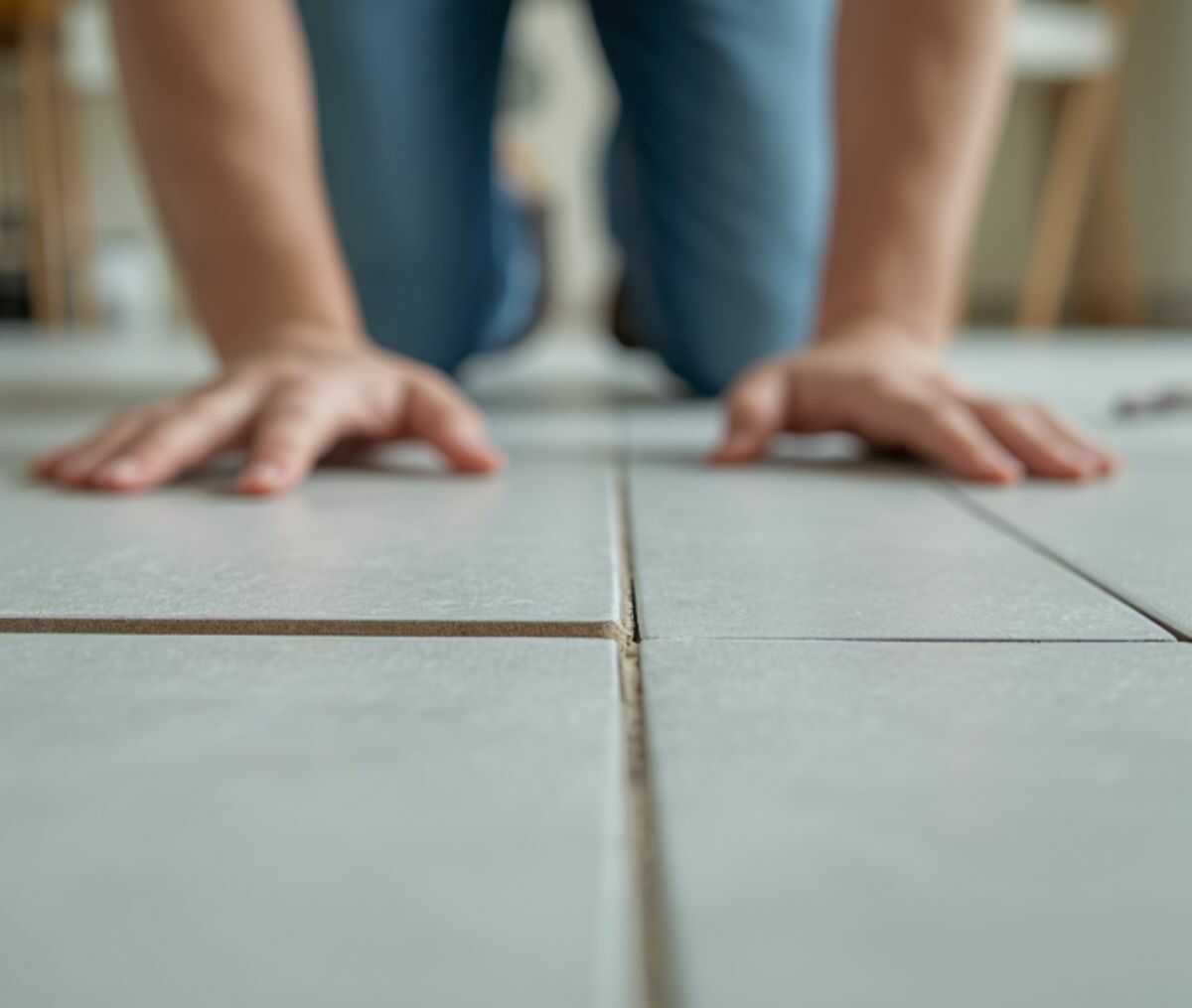 Tegelzetter controleert de voegen van een afgewerkte tegelvloer