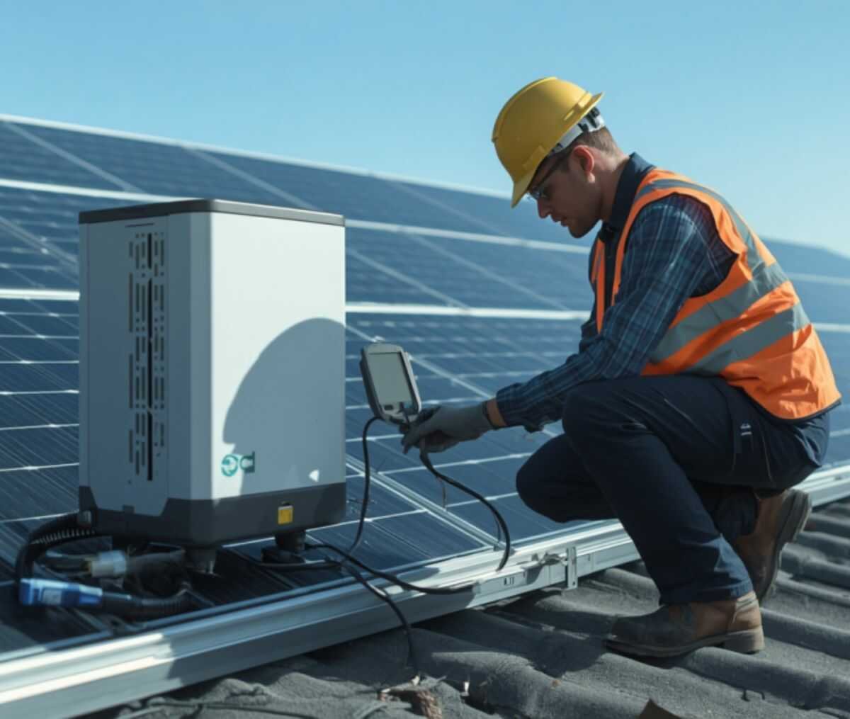 Zonnepaneelinstallateur tijdens een werfcontrole op het dak